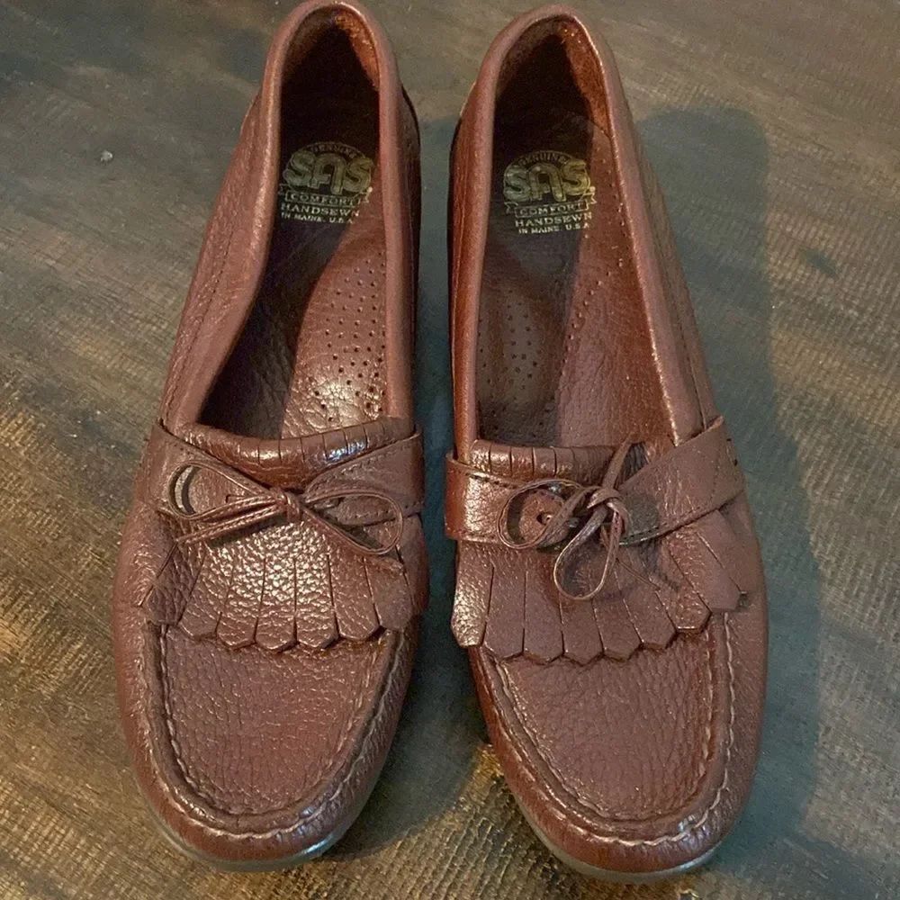 SAS Women's Brown Leather Kiltie Loafer Slip On Shoes With Bow size 8.5 S